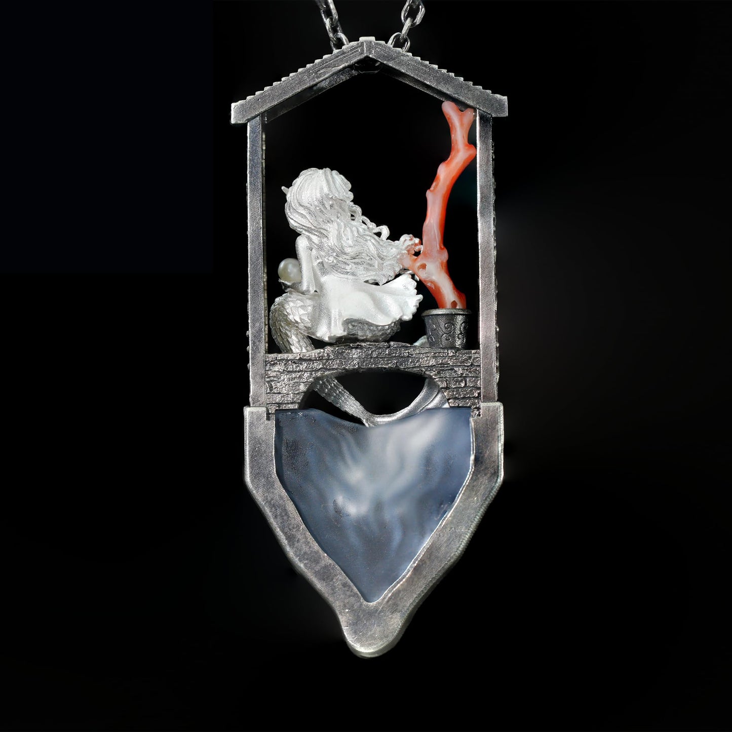 Handcrafted Mermaid Pendant Necklace with Pearl & Coral | Sterling Silver Ocean Fairy Jewelry | Mythical Sea Spirit Gift for Her