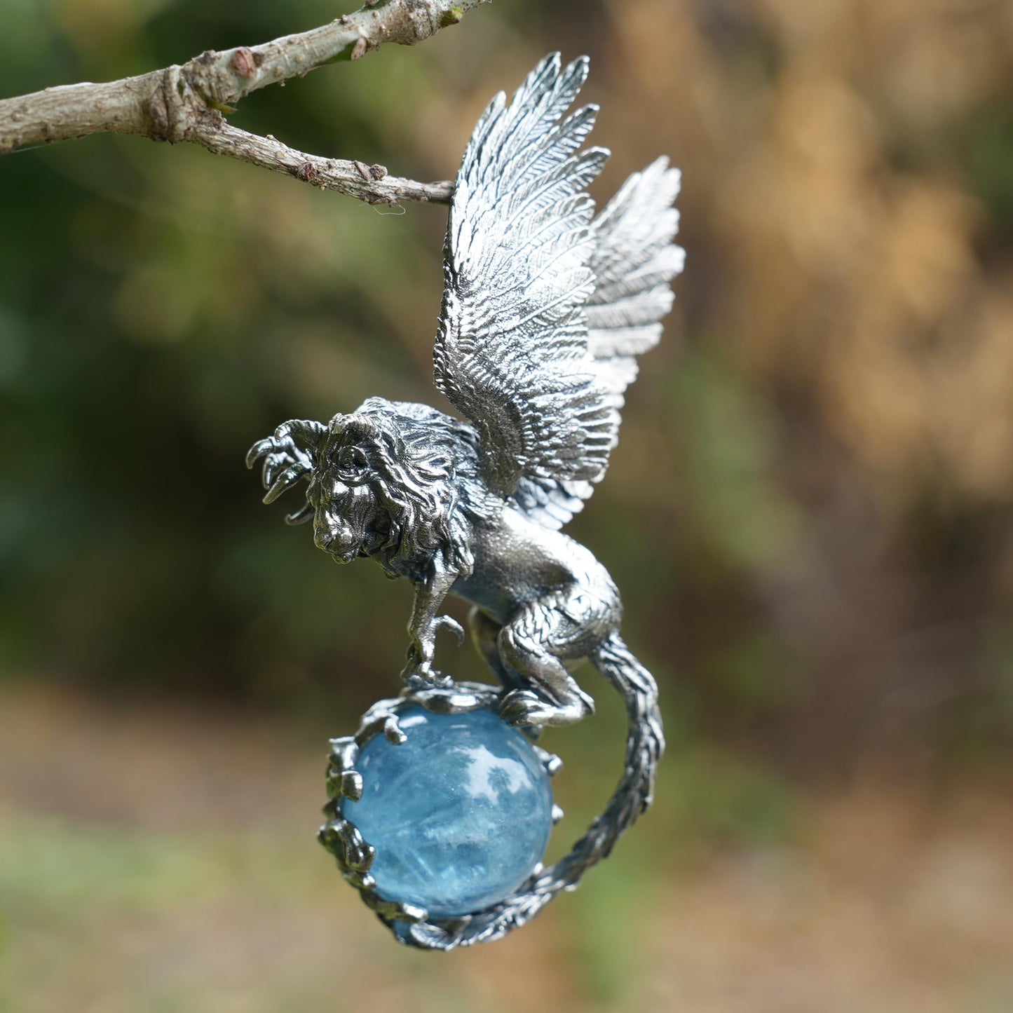Winged Lion Pendant | 925 Sterling Silver & Aquamarine Necklace | Handmade Spiritual Jewelry of Wisdom & Protection | Gift for Him