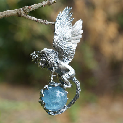 Winged Lion Pendant | 925 Sterling Silver & Aquamarine Necklace | Handmade Spiritual Jewelry of Wisdom & Protection | Gift for Him