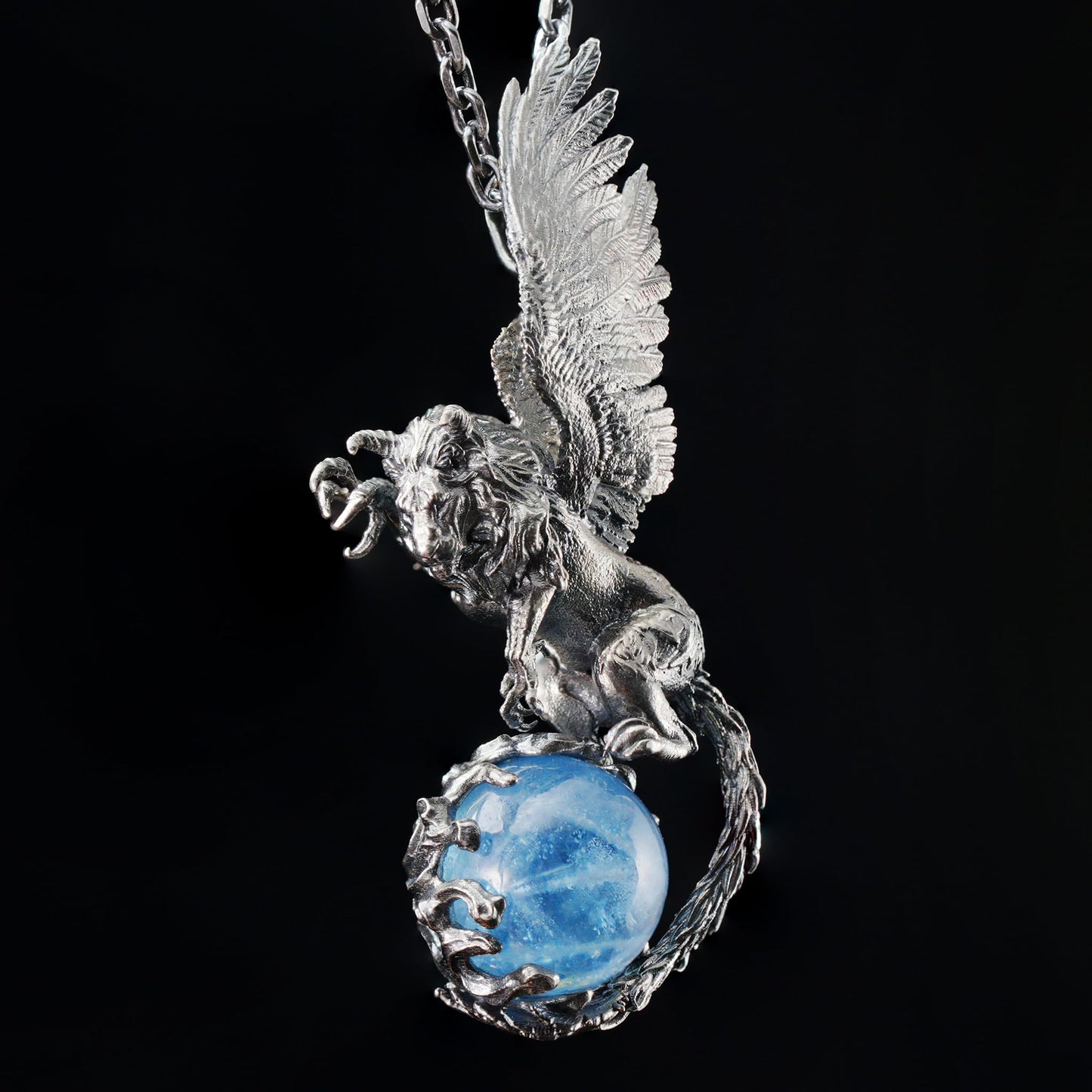 Winged Lion Pendant | 925 Sterling Silver & Aquamarine Necklace | Handmade Spiritual Jewelry of Wisdom & Protection | Gift for Him