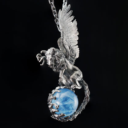 Winged Lion Pendant | 925 Sterling Silver & Aquamarine Necklace | Handmade Spiritual Jewelry of Wisdom & Protection | Gift for Him