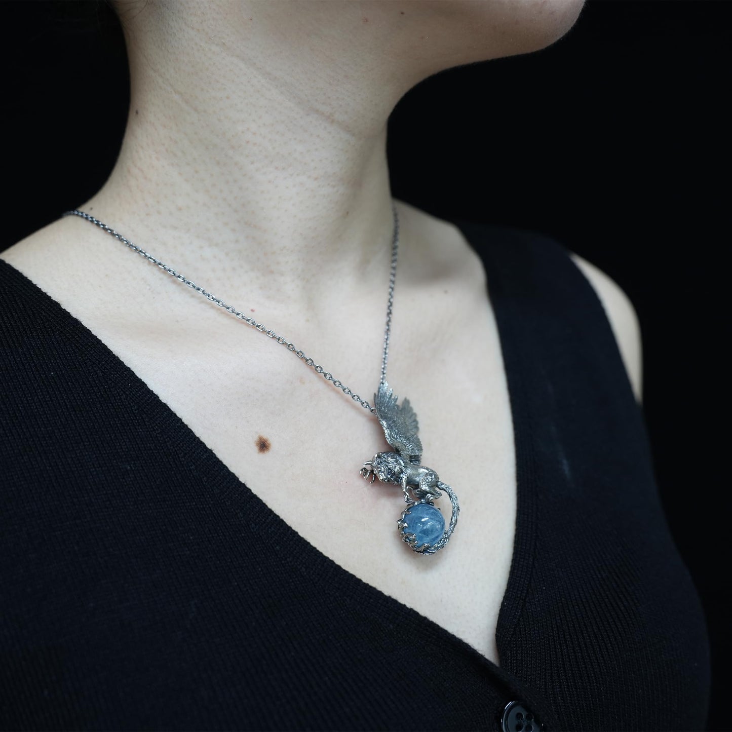 Winged Lion Pendant | 925 Sterling Silver & Aquamarine Necklace | Handmade Spiritual Jewelry of Wisdom & Protection | Gift for Him