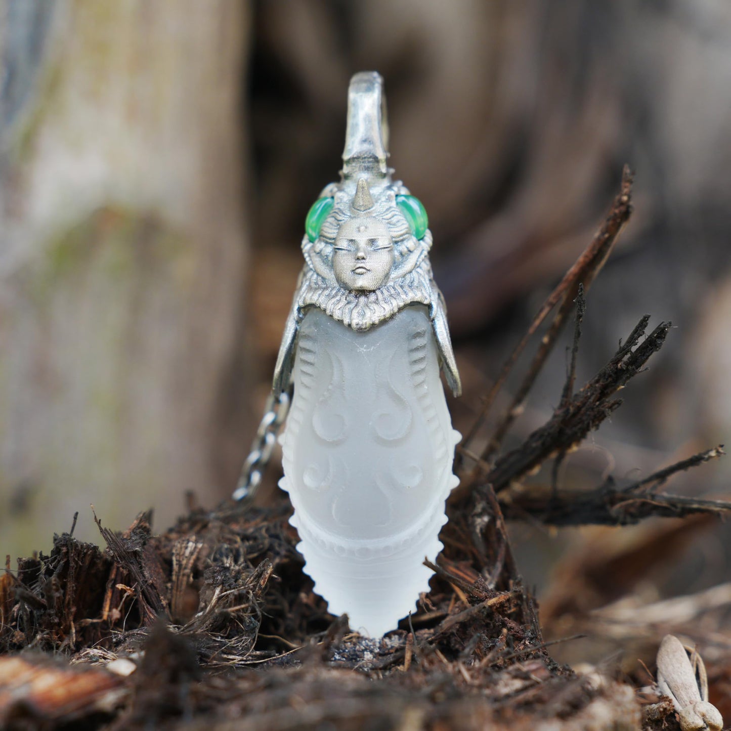 Carved Rock Crystal Pendant with Green Chalcedony | Handmade Gothic Totem Necklace in 925 Sterling Silver | Spiritual Gift for Her