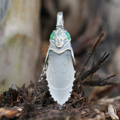 Carved Rock Crystal Pendant with Green Chalcedony | Handmade Gothic Totem Necklace in 925 Sterling Silver | Spiritual Gift for Her