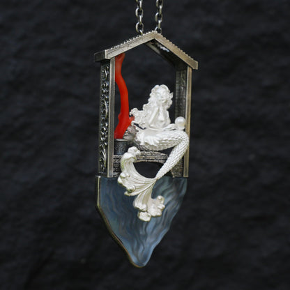 Handcrafted Mermaid Pendant Necklace with Pearl & Coral | Sterling Silver Ocean Fairy Jewelry | Mythical Sea Spirit Gift for Her