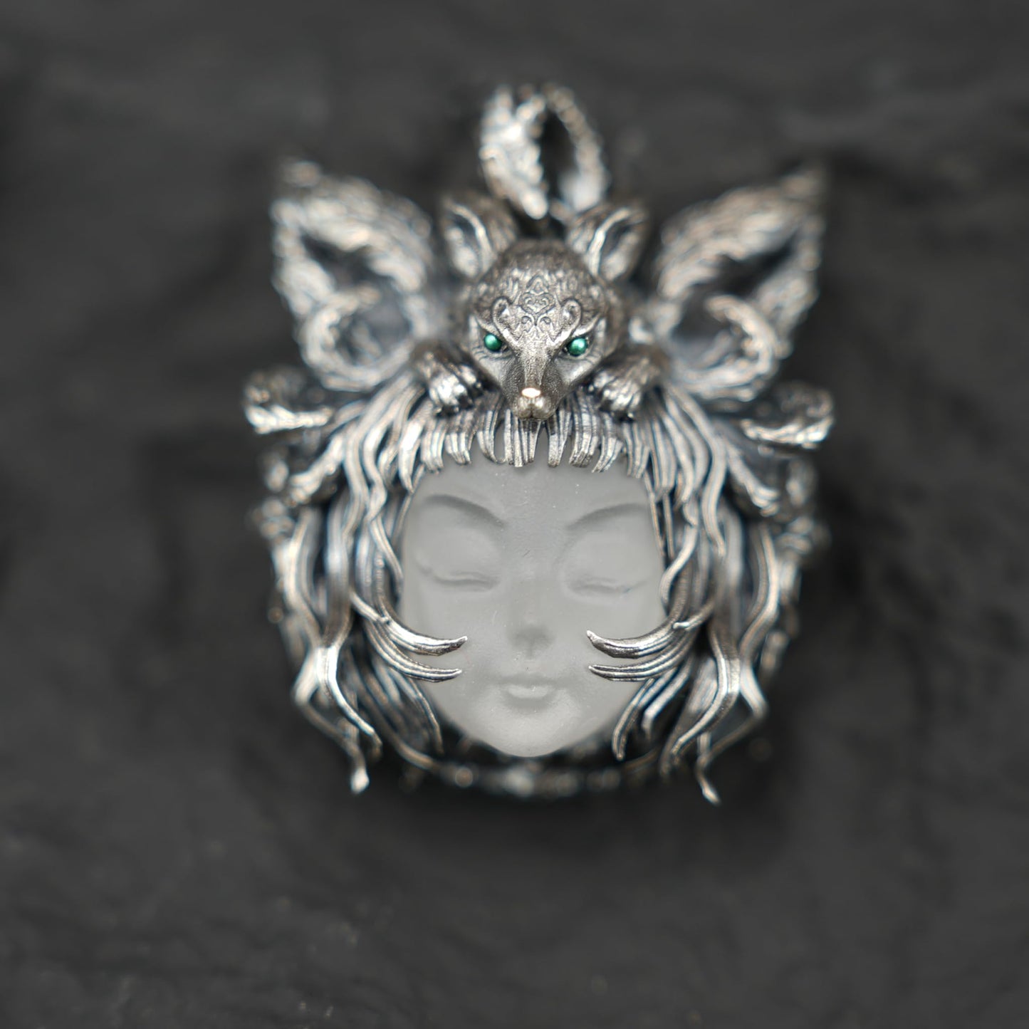925 Sterling Silver Fox Spirit Pendant with White Crystal | Handmade Mythical Amulet Necklace | Gothic Fantasy Talisman for Her