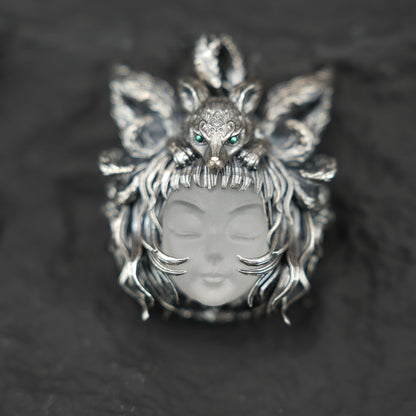 925 Sterling Silver Fox Spirit Pendant with White Crystal | Handmade Mythical Amulet Necklace | Gothic Fantasy Talisman for Her