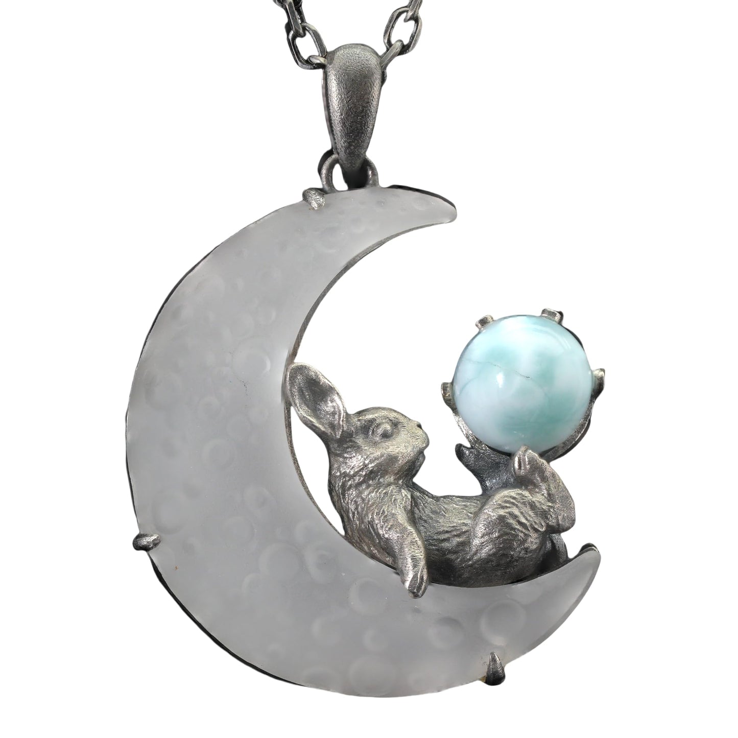 Rabbit Pendant with Larimar & White Quartz Moon | Handcrafted Fantasy Jewelry | Celestial Totem Gift for Serenity