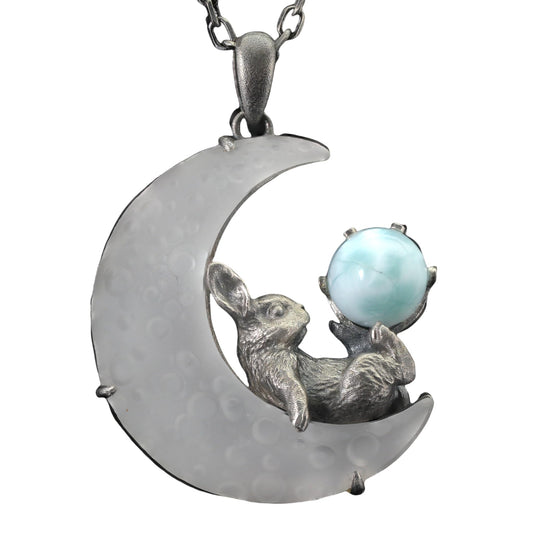 Rabbit Pendant with Larimar & White Quartz Moon | Handcrafted Fantasy Jewelry | Celestial Totem Gift for Serenity