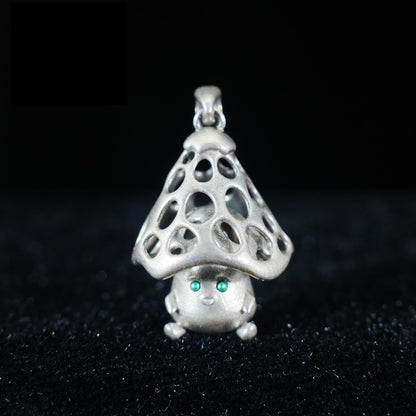Mushroom Spirit Pendant | Forest Guardian Necklace with Green Zircon Eyes | Fairycore Nature Jewelry Gift for Sensitive Souls