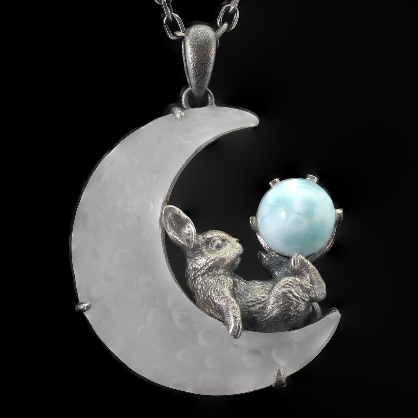 Rabbit Pendant with Larimar & White Quartz Moon | Handcrafted Fantasy Jewelry | Celestial Totem Gift for Serenity
