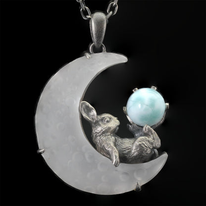 Rabbit Pendant with Larimar & White Quartz Moon | Handcrafted Fantasy Jewelry | Celestial Totem Gift for Serenity