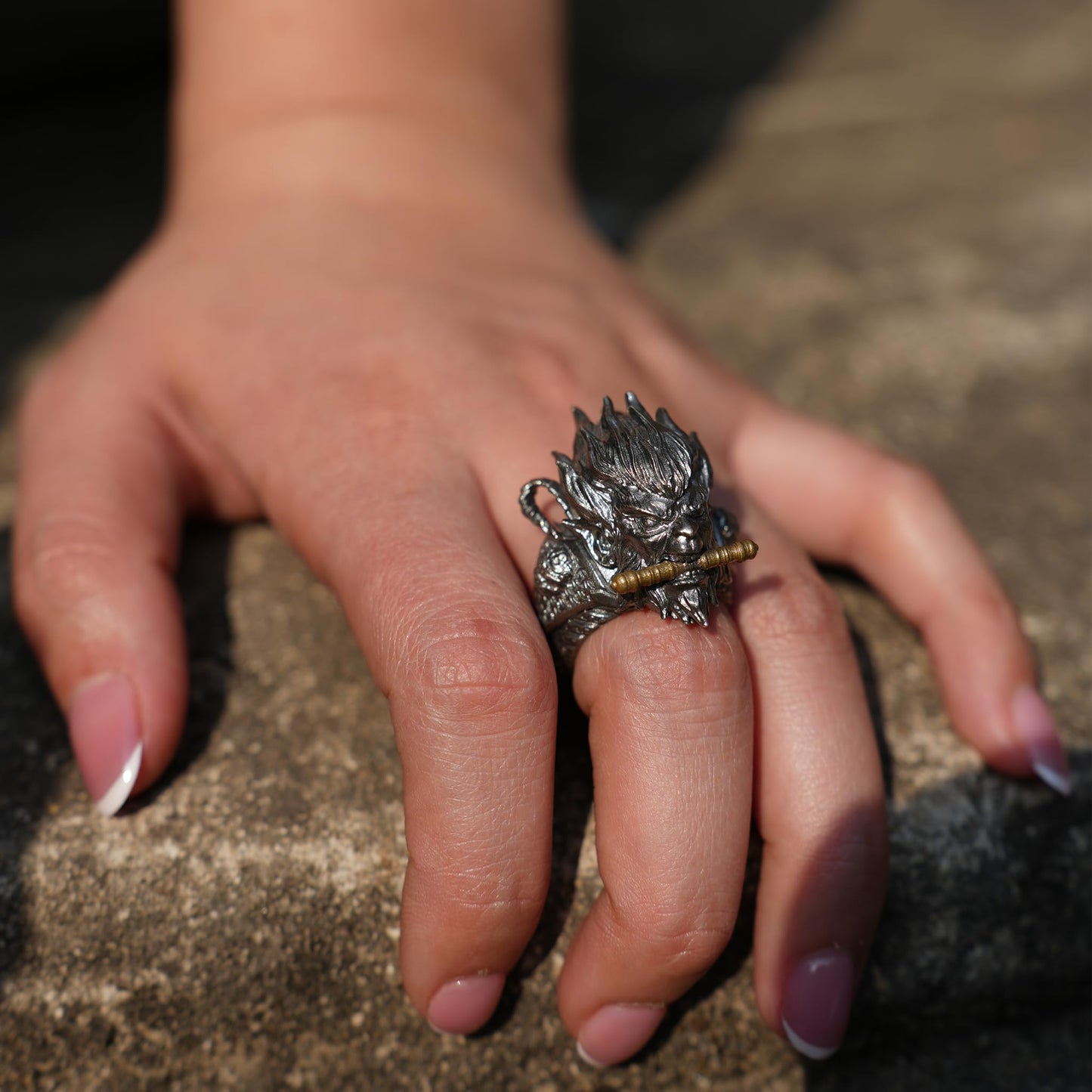 Monkey King Ring in 925 Sterling Silver | Handmade Mythic Jewelry with Gold Accents | Fantasy Artisan Gift for Him