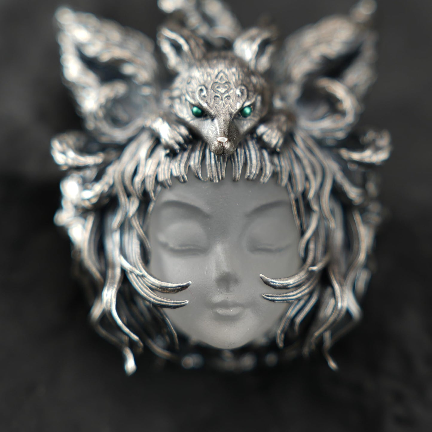 925 Sterling Silver Fox Spirit Pendant with White Crystal | Handmade Mythical Amulet Necklace | Gothic Fantasy Talisman for Her