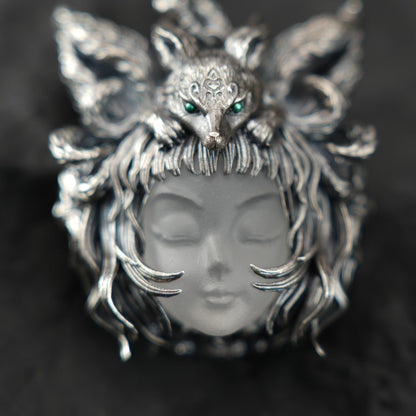 925 Sterling Silver Fox Spirit Pendant with White Crystal | Handmade Mythical Amulet Necklace | Gothic Fantasy Talisman for Her