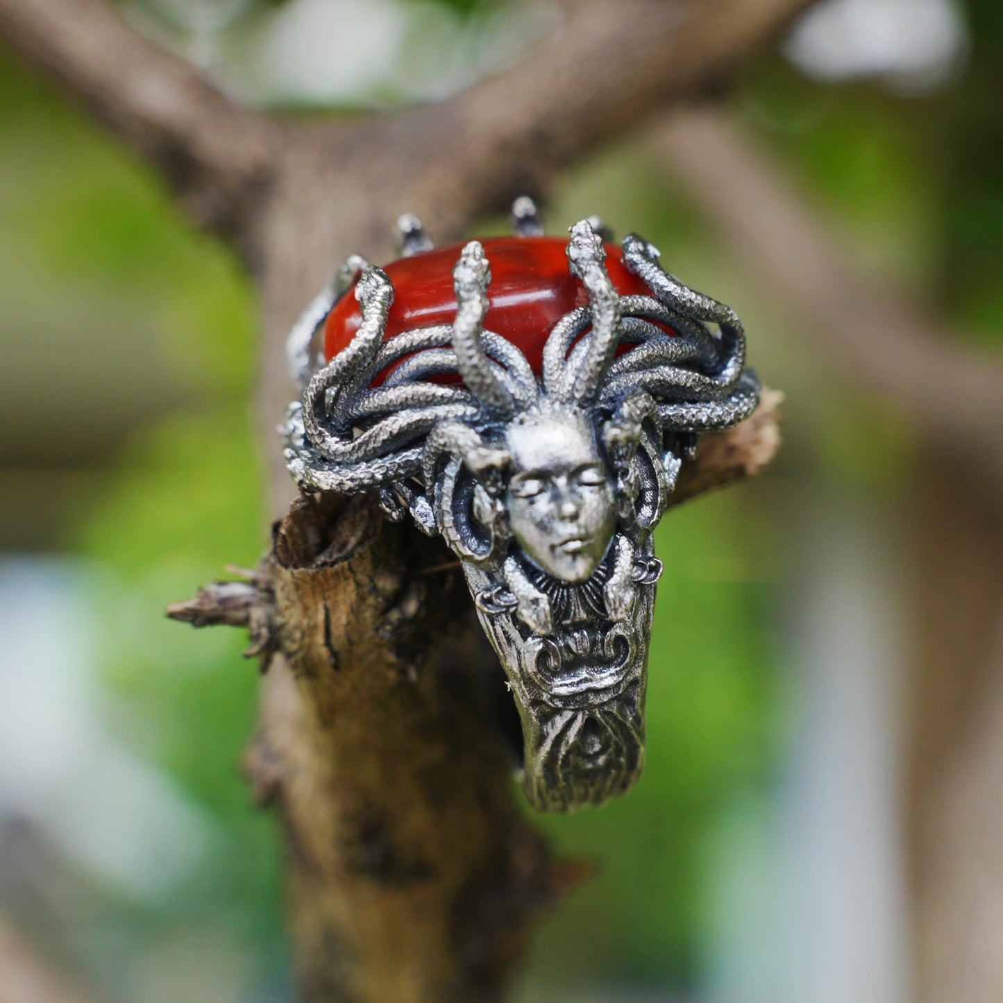 925 Silver Medusa Ring with Red Agate | Handmade Gothic Baroque Jewelry | Fantasy Statement Ring for Dark Aesthetics