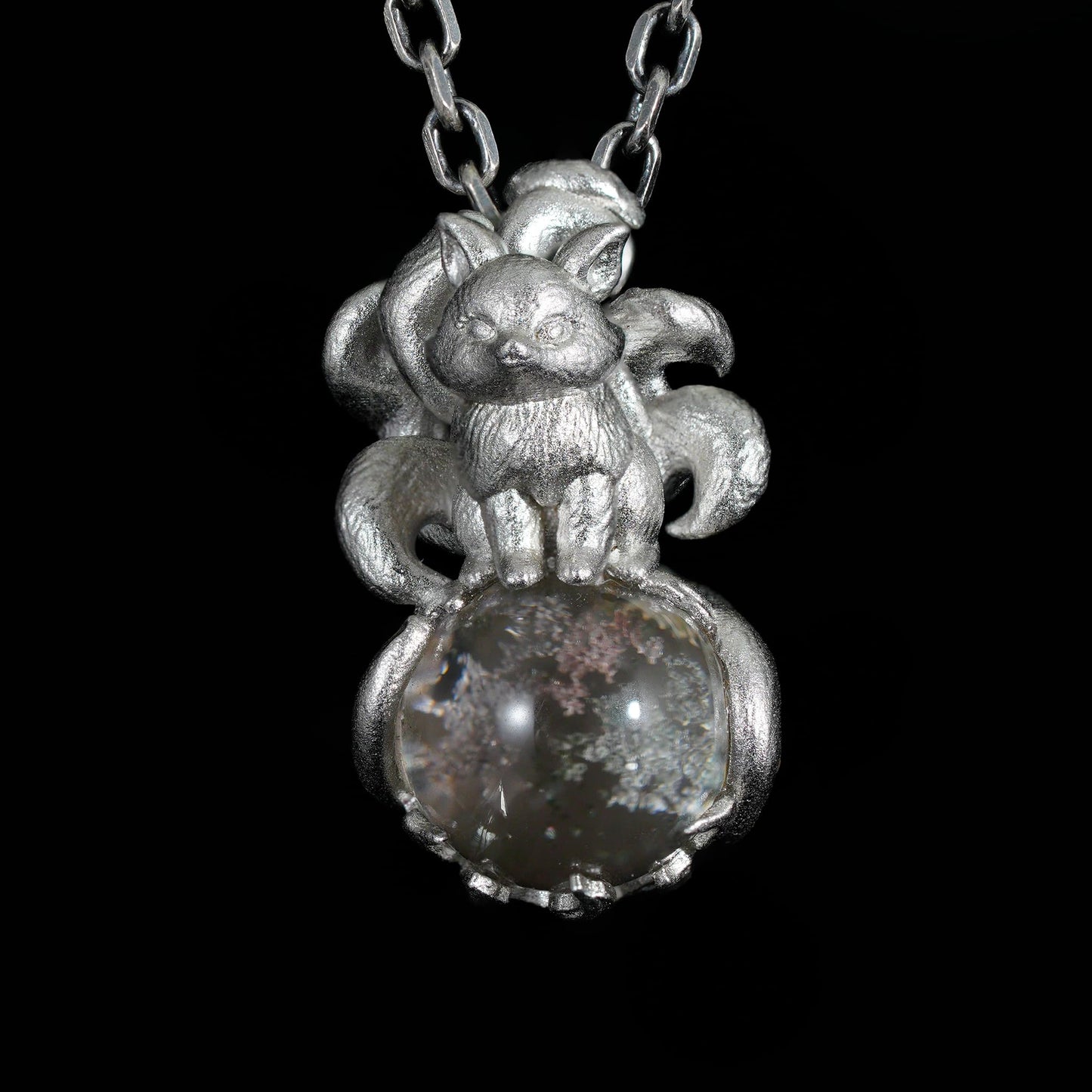 925 Sterling Silver Nine-Tailed Fox Pendant with Phantom Quartz | Handmade Spirit Amulet Necklace | Mythical Fantasy Jewelry Gift