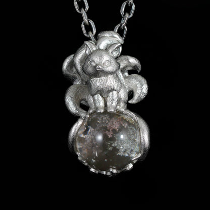 925 Sterling Silver Nine-Tailed Fox Pendant with Phantom Quartz | Handmade Spirit Amulet Necklace | Mythical Fantasy Jewelry Gift