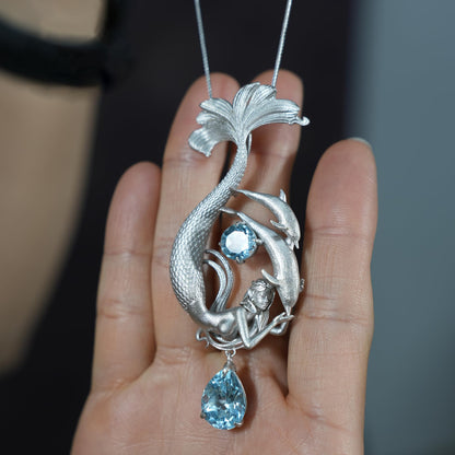 Dreamy Ocean Mermaid Pendant in 925 Sterling Silver with Aquamarine | Handmade Teardrop Necklace for Emotional Healing & Ocean Lovers
