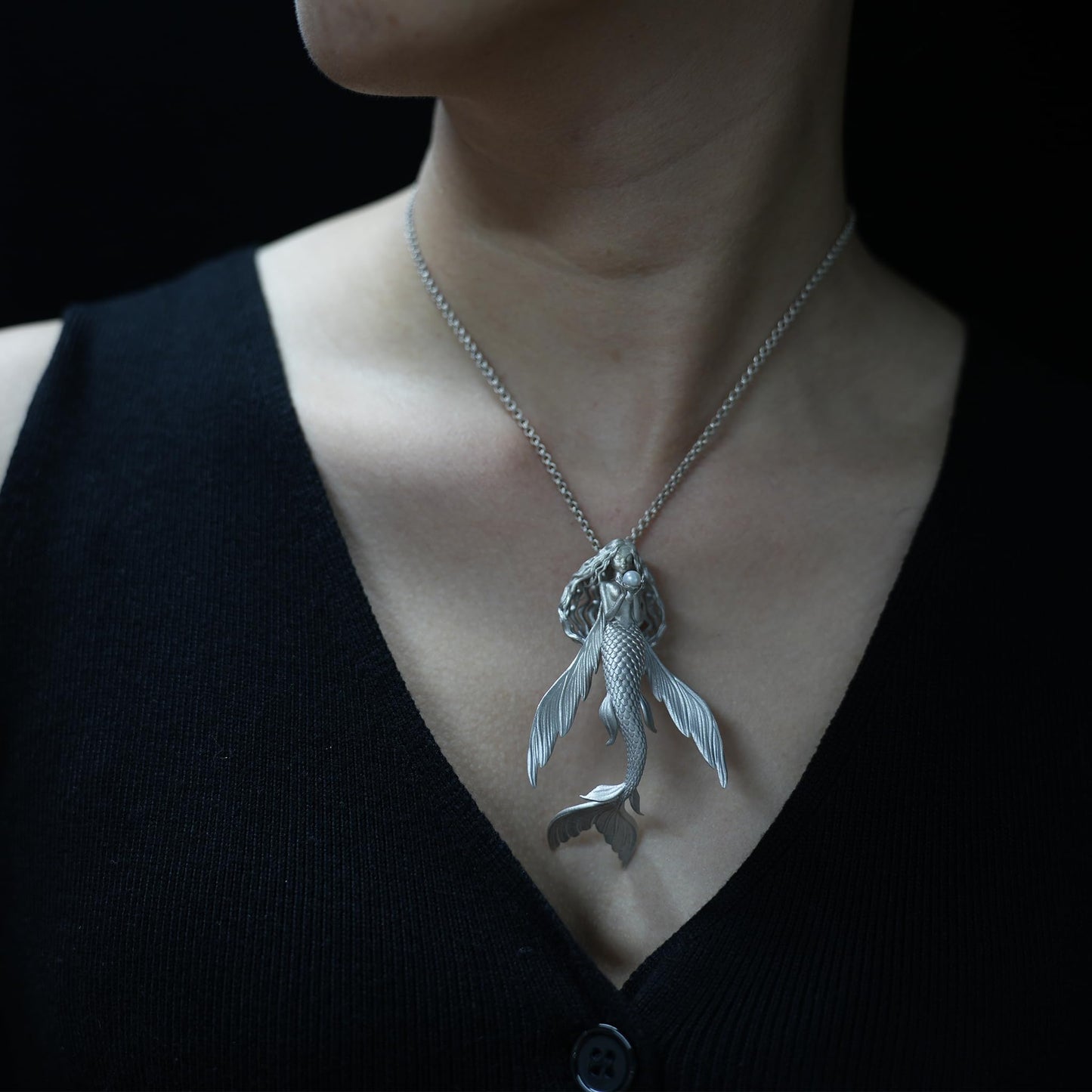 925 Sterling Silver Flying Fish Mermaid Pendant Necklace with Freshwater Pearl | Handcrafted Ocean Fantasy Jewelry | Mythical Sea Spirit Gift for Her