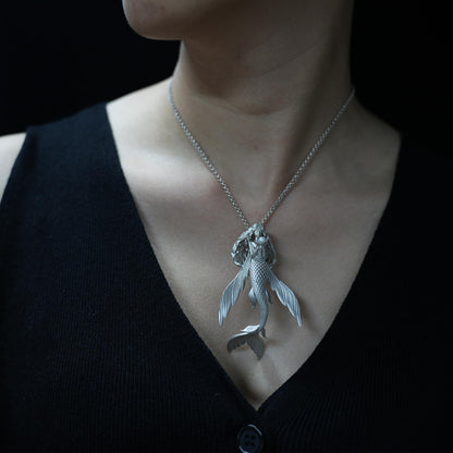 925 Sterling Silver Flying Fish Mermaid Pendant Necklace with Freshwater Pearl | Handcrafted Ocean Fantasy Jewelry | Mythical Sea Spirit Gift for Her