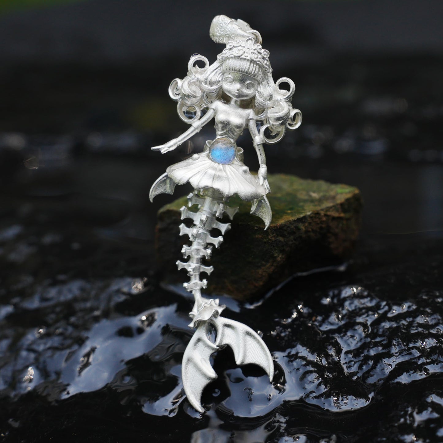 925 Sterling Silver Mermaid Skeleton Pendant with Labradorite | Handcrafted Ocean Amulet Necklace | Gothic Fantasy Jewelry Gift