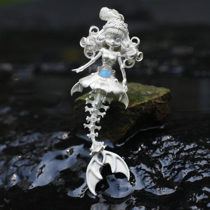 925 Sterling Silver Mermaid Skeleton Pendant with Labradorite | Handcrafted Ocean Amulet Necklace | Gothic Fantasy Jewelry Gift