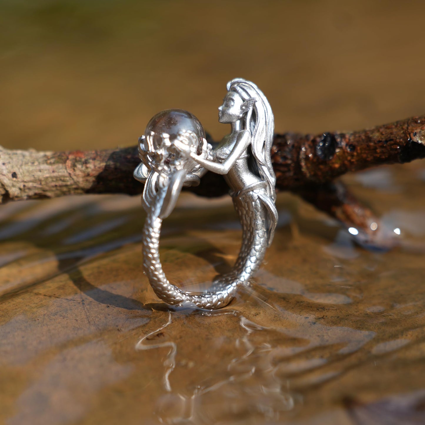 925 Silver Mermaid Ring with Phantom Quartz | Handmade Ocean Fantasy Jewelry | Symbolic Underwater Gift for Her