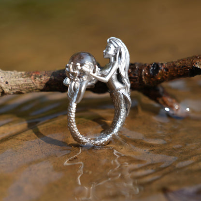 925 Silver Mermaid Ring with Phantom Quartz | Handmade Ocean Fantasy Jewelry | Symbolic Underwater Gift for Her