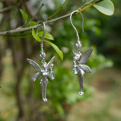 925 Silver Fairy Earrings with Amazonite | Handmade Fantasy Jewelry | Winged Elf Design Gift for Dreamers and Collectors