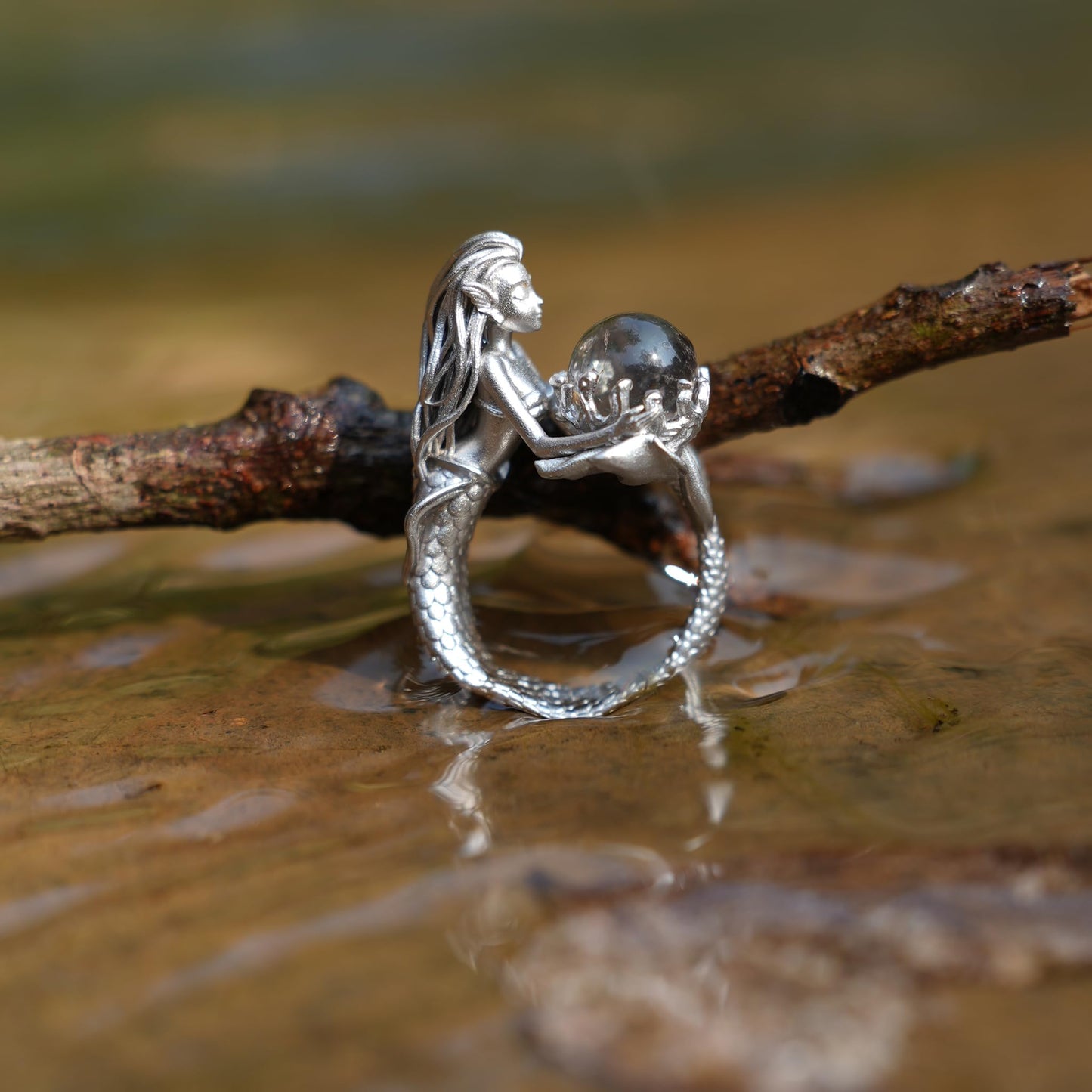 925 Silver Mermaid Ring with Phantom Quartz | Handmade Ocean Fantasy Jewelry | Symbolic Underwater Gift for Her