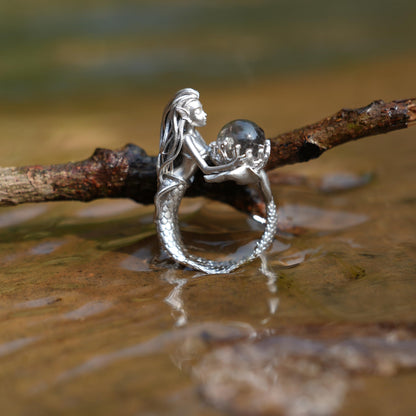 925 Silver Mermaid Ring with Phantom Quartz | Handmade Ocean Fantasy Jewelry | Symbolic Underwater Gift for Her