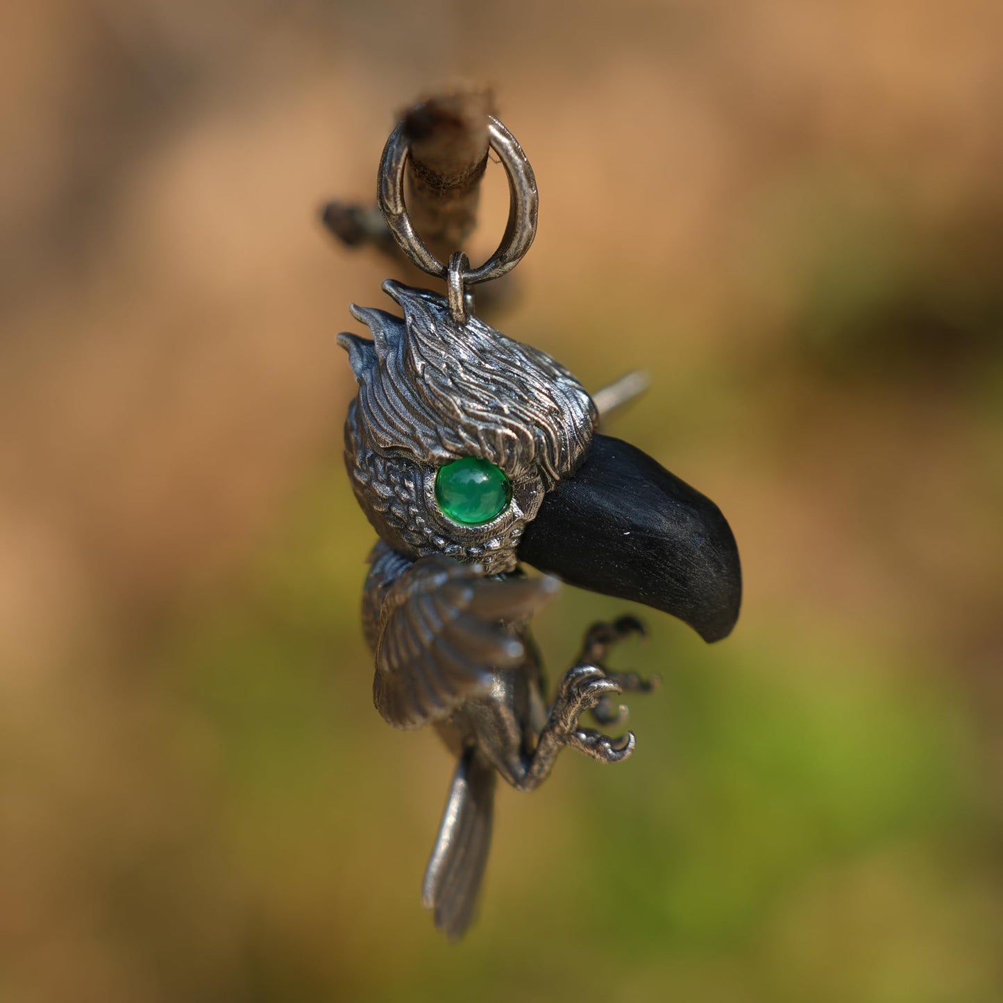 Shoebill Bird Pendant in 925 Sterling Silver with Black Agate & Green Tourmaline | Handmade Nature-Inspired Jewelry for Bird Lovers