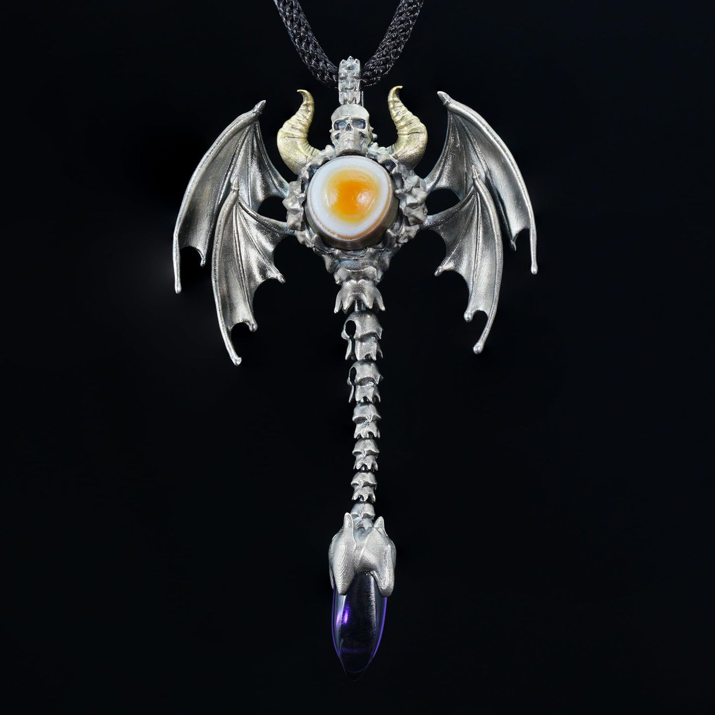 Gothic Totem Pendant | 925 Silver & Brass Necklace with Amethyst Drop and Opal Eye | Handmade Fantasy Jewelry for Him