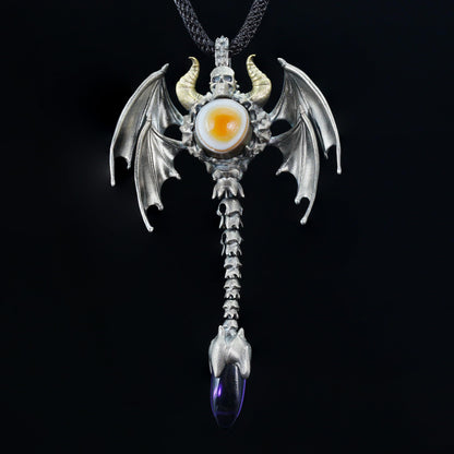 Gothic Totem Pendant | 925 Silver & Brass Necklace with Amethyst Drop and Opal Eye | Handmade Fantasy Jewelry for Him