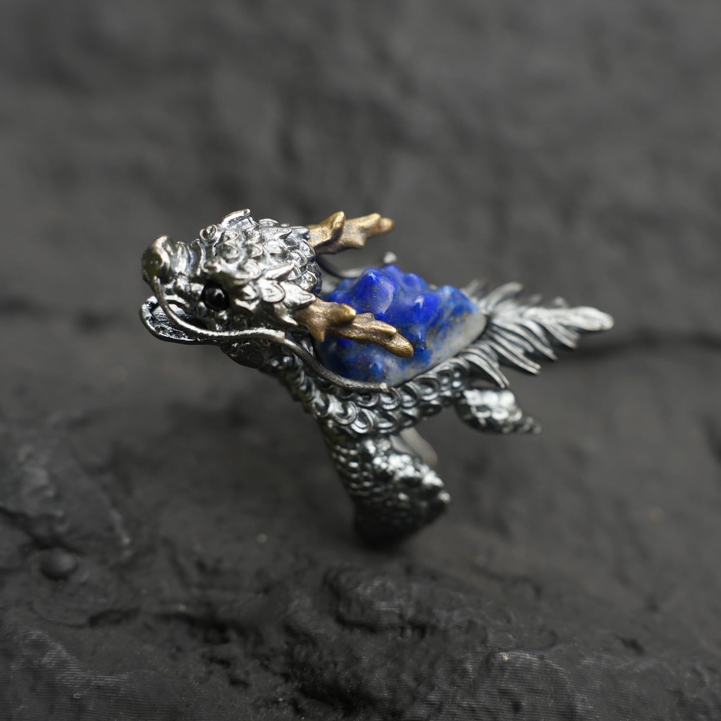 Dragon Turtle Ring with Lapis Lazuli & Onyx | Handcrafted Myth-Inspired Signet Ring for Protection & Inner Strength