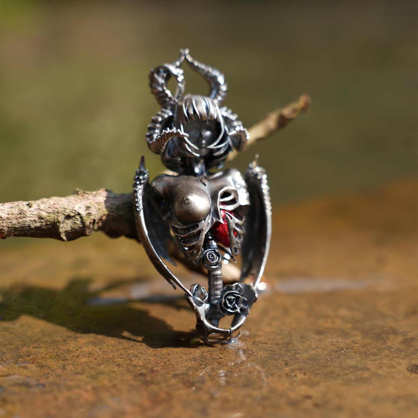 Dark Enchantress Pendant | 925 Sterling Silver Gothic Necklace with Crimson Enamel Heart | Handcrafted Fantasy Jewelry for Dark Aesthetics