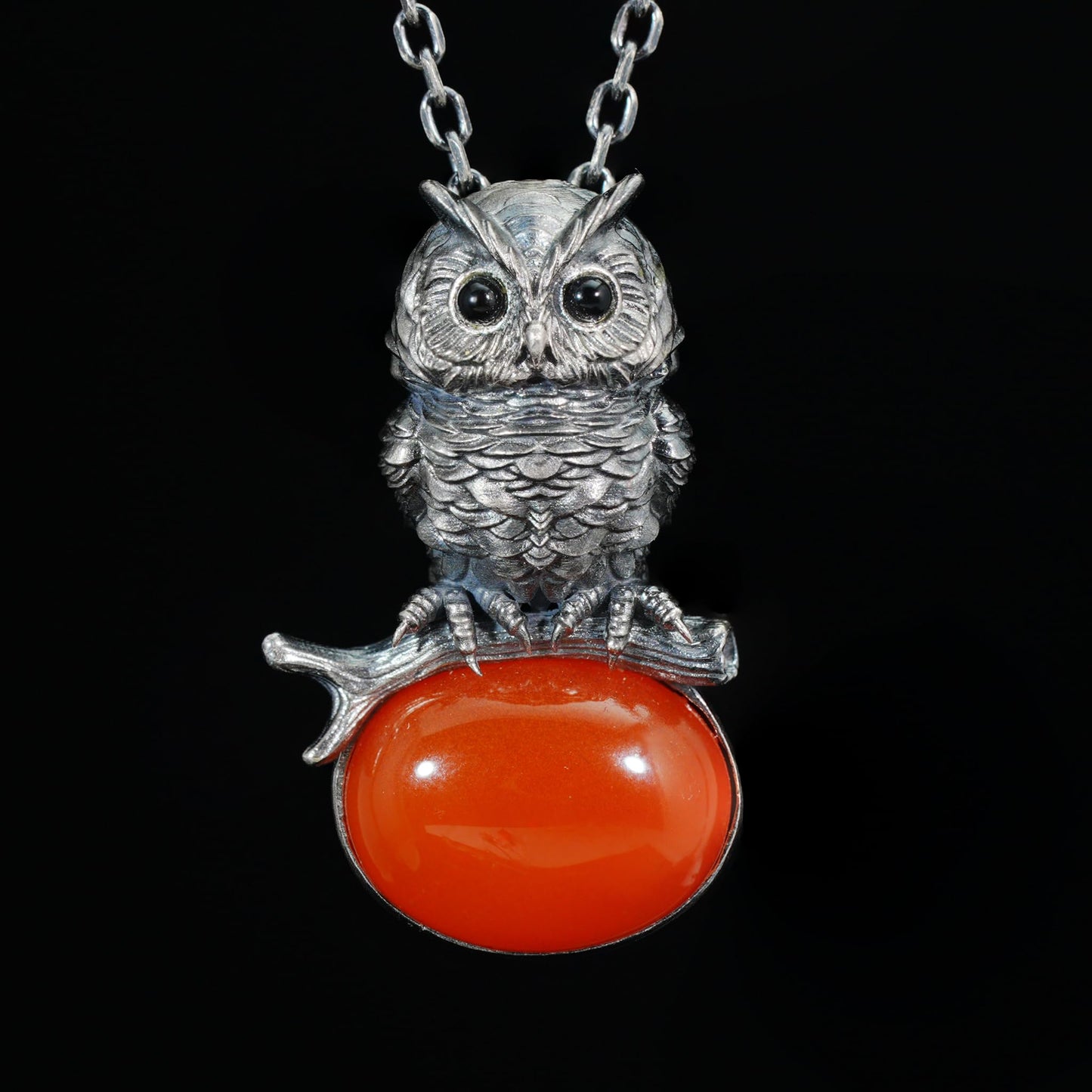 Owl Carnelian Pendant | Handmade 925 Sterling Silver Necklace with Onyx Eyes | Nature-Inspired Jewelry Symbolizing Wisdom & Courage | Artisan Gift