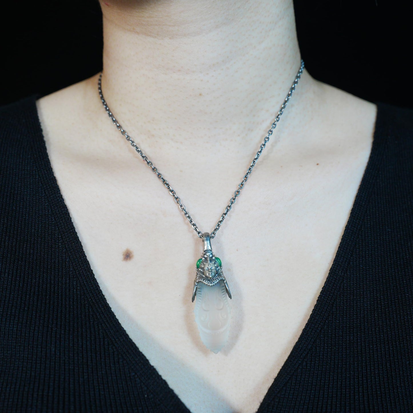 Carved Rock Crystal Pendant with Green Chalcedony | Handmade Gothic Totem Necklace in 925 Sterling Silver | Spiritual Gift for Her