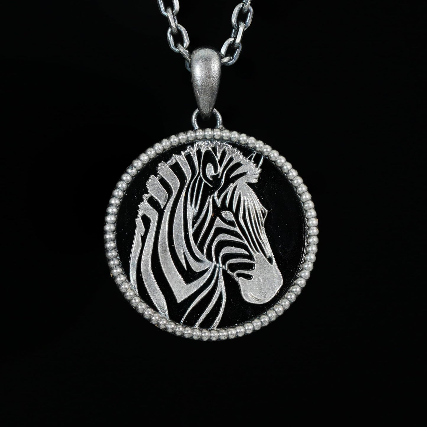Wildlife Zebra Totem Necklace | 925 Sterling Silver Handcrafted Relief Medallion | Black-White Minimal Unisex Pendant | Double-Sided Design