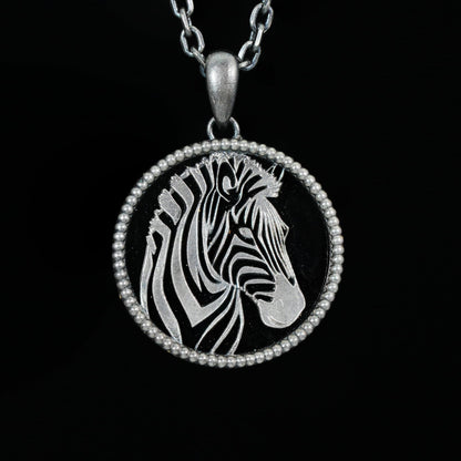 Wildlife Zebra Totem Necklace | 925 Sterling Silver Handcrafted Relief Medallion | Black-White Minimal Unisex Pendant | Double-Sided Design
