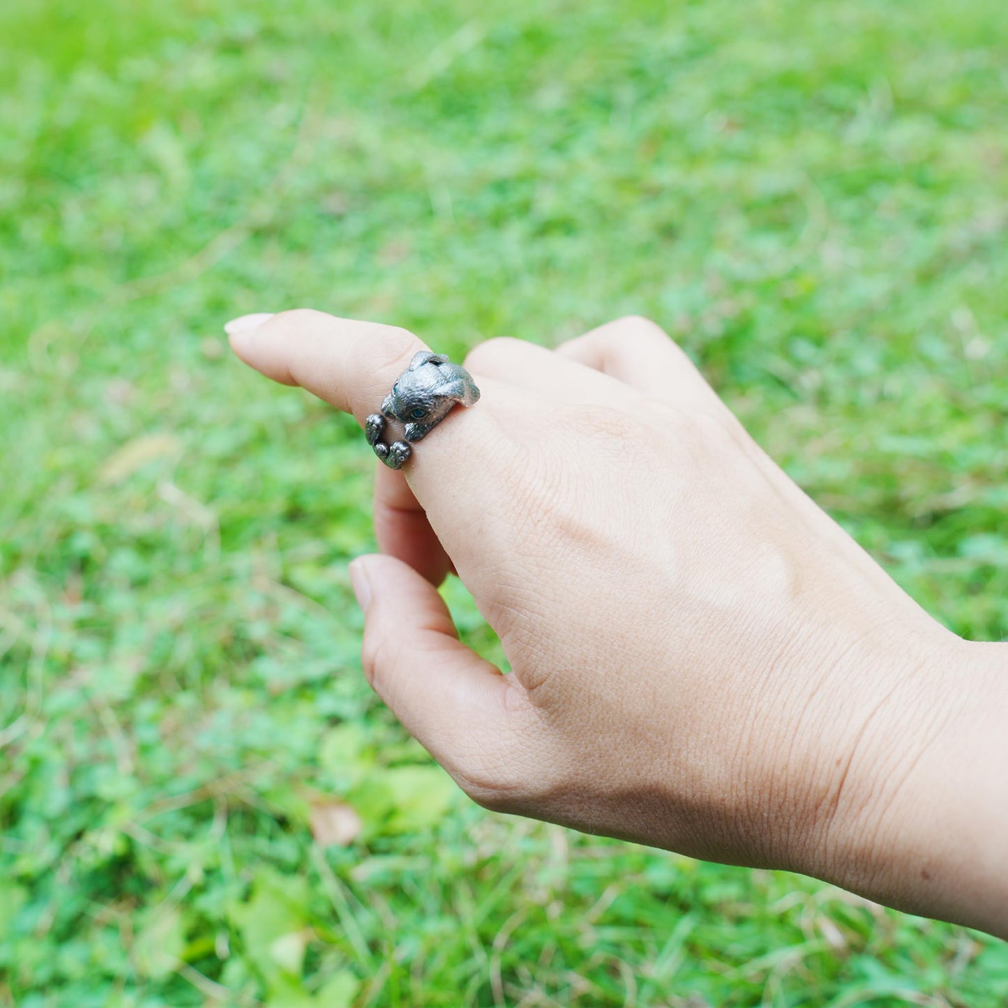 Handcrafted Rabbit Ring with Green Zircon, Spring Awakening Symbol, Unique Silver Jewelry