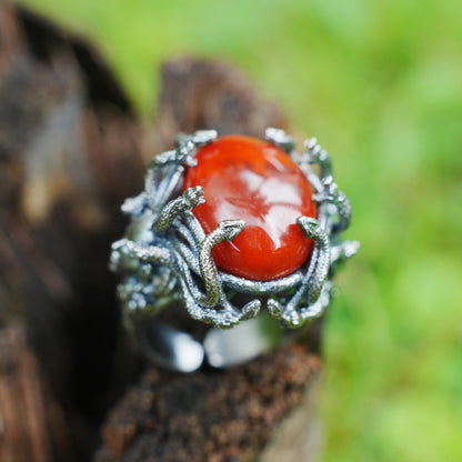 925 Silver Medusa Ring with Red Agate | Handmade Gothic Baroque Jewelry | Fantasy Statement Ring for Dark Aesthetics