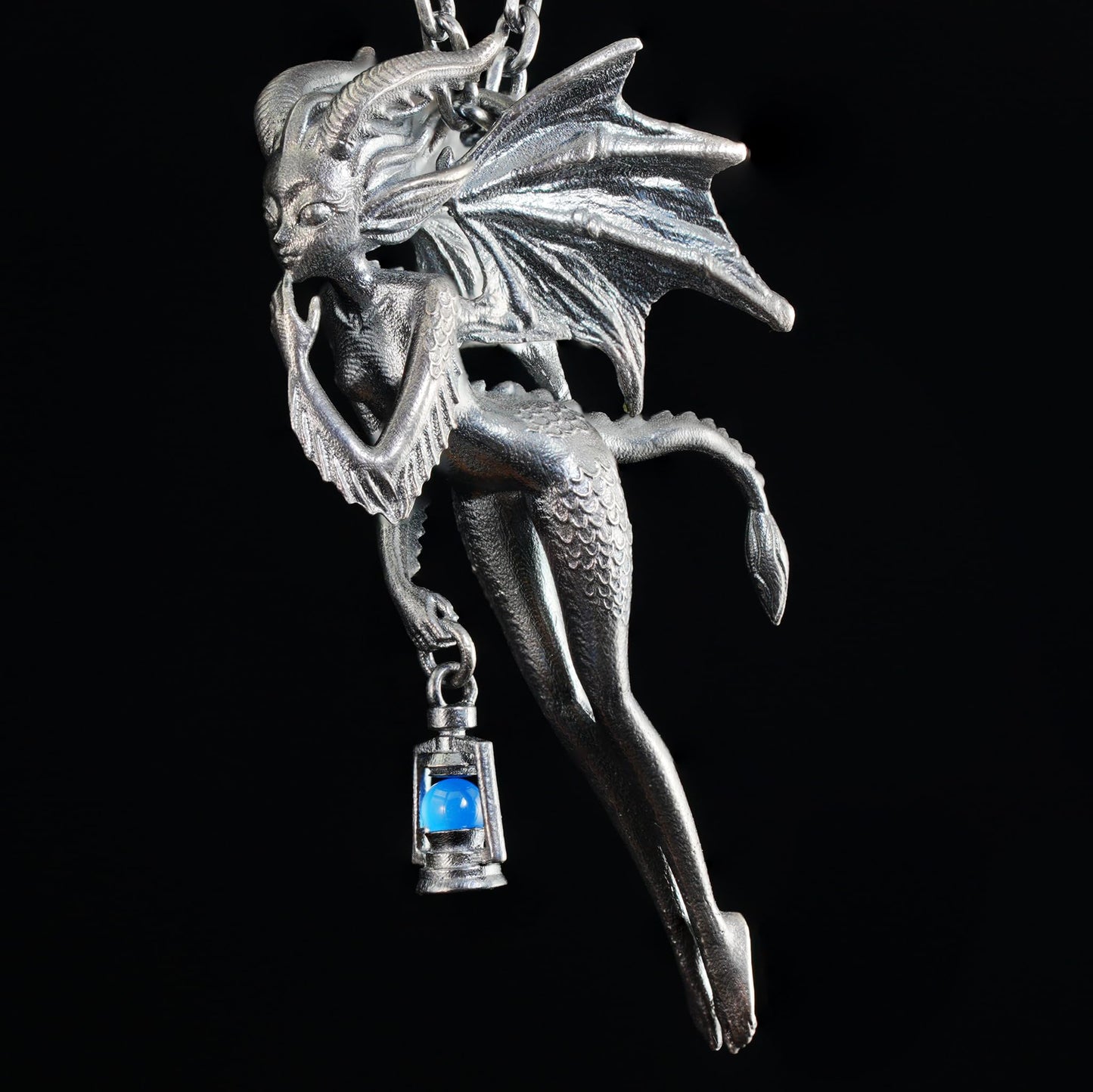 Dragon Girl Pendant | 925 Silver Fantasy Necklace with Green Chalcedony Lantern | Symbol of Courage & Inner Light