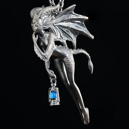 Dragon Girl Pendant | 925 Silver Fantasy Necklace with Green Chalcedony Lantern | Symbol of Courage & Inner Light