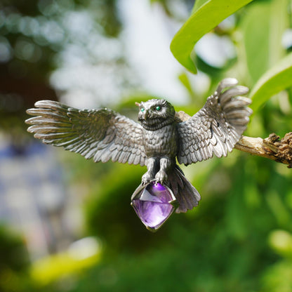 925 Sterling Silver Owl Necklace with Amethyst | Handcrafted Animal Totem Jewelry | Fantasy Guardian Pendant for Wisdom & Focus