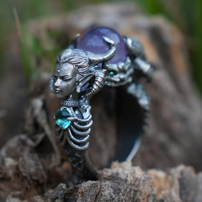 Amethyst & Aquamarine Ring in 925 Sterling Silver | Handmade Fantasy Jewelry | Artisan Gift for Collectors