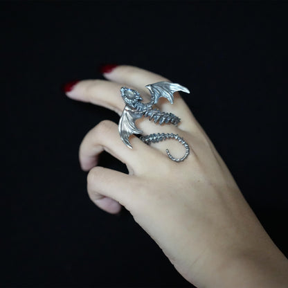 Dragon Ring in 925 Sterling Silver with Labradorite | Handmade Gothic Fantasy Jewelry | Mythic Winged Bone Ring
