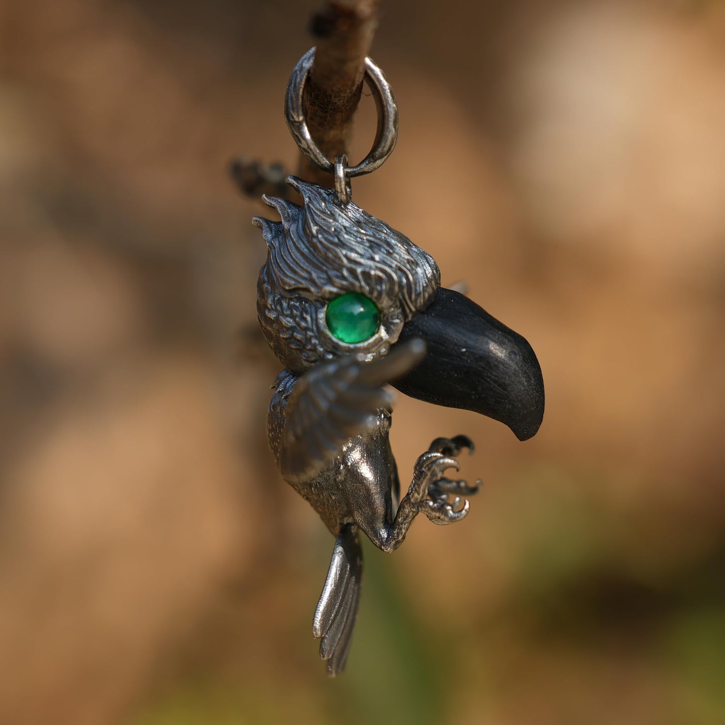 Shoebill Bird Pendant in 925 Sterling Silver with Black Agate & Green Tourmaline | Handmade Nature-Inspired Jewelry for Bird Lovers