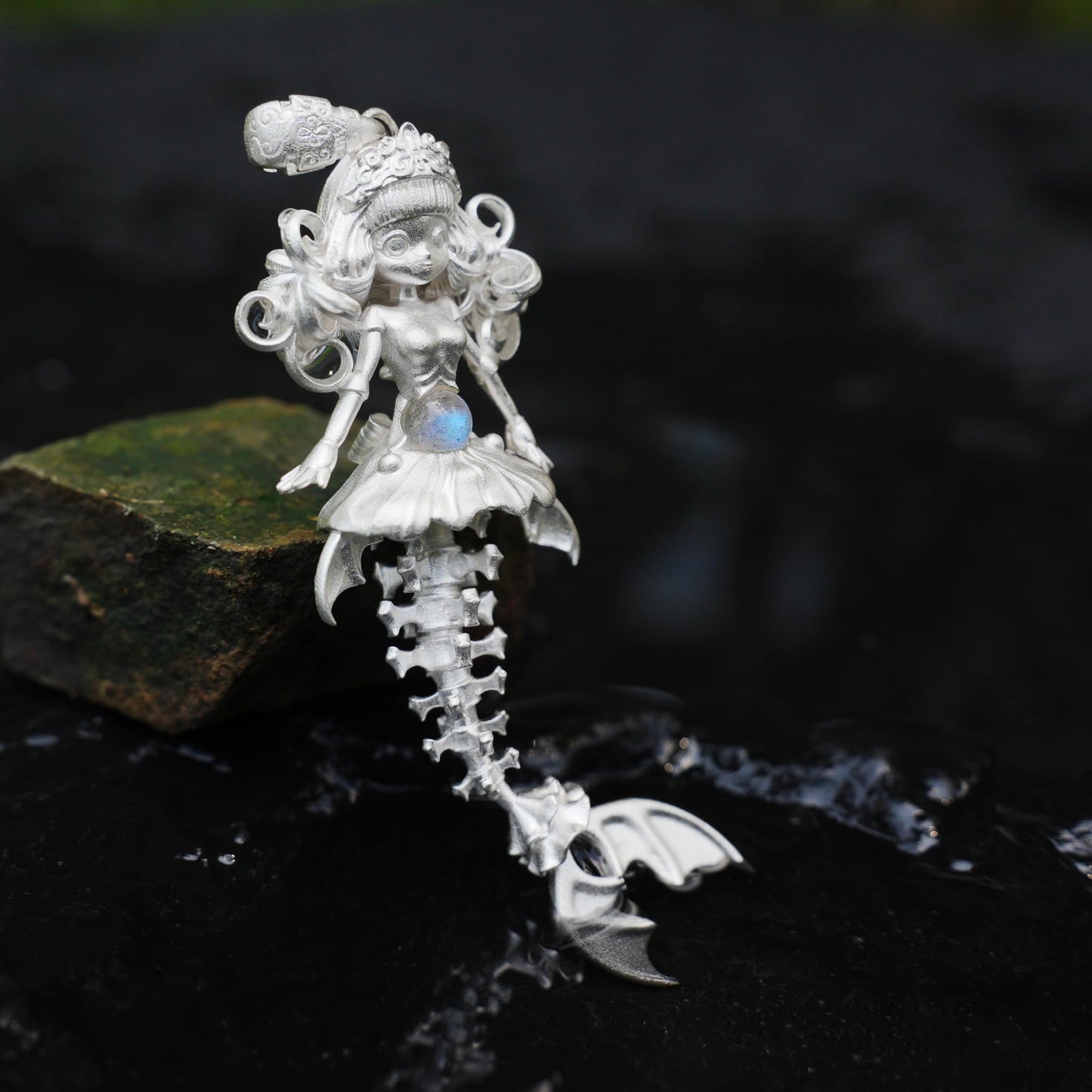 925 Sterling Silver Mermaid Skeleton Pendant with Labradorite | Handcrafted Ocean Amulet Necklace | Gothic Fantasy Jewelry Gift